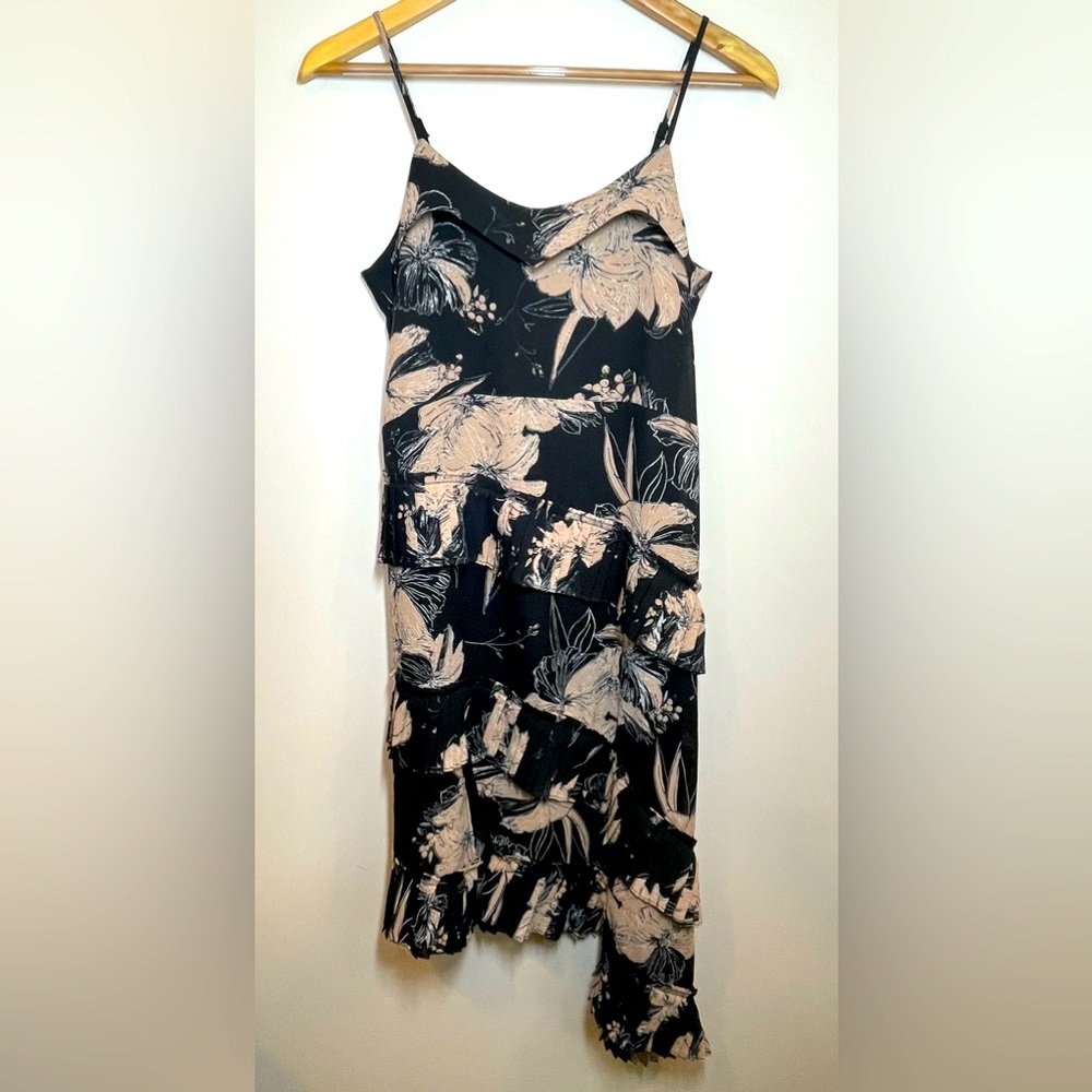 iW!ngStudio Design Asymmetrical Ruffle Black/Dusty Pink Floral Slip Dress Size S